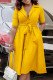 Yellow Celebrities Solid Color Buckle Patchwork Strap Design Turndown Collar A Line Dresses