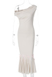 Apricot Celebrities Patchwork Backless Strap Design Oblique Collar Long Dresses