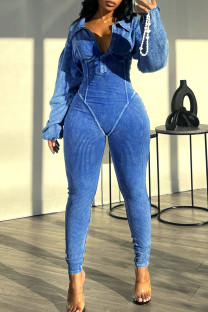 Blue Casual Solid Color Patchwork V Neck Skinny Jumpsuits