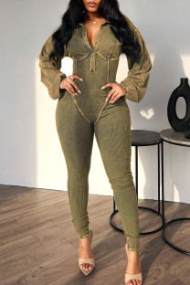 Green Casual Solid Color Patchwork V Neck Skinny Jumpsuits