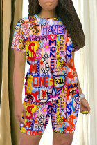 Colour Casual Street Graffiti Print Contrast O Neck Short Sleeve Two Pieces