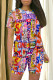 Colour Casual Street Graffiti Print Contrast O Neck Short Sleeve Two Pieces