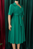 Yellow Celebrities Solid Color Buckle Patchwork Strap Design Turndown Collar A Line Dresses