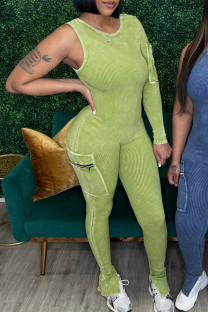 Green Casual Solid Color Pocket Patchwork Slit Zipper O Neck Skinny Jumpsuits