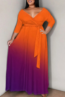 Orange Purple Casual Gradient Color Patchwork Strap Design V Neck Long Plus Size Dresses