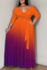 Orange Purple Casual Gradient Color Patchwork Strap Design V Neck Long Plus Size Dresses