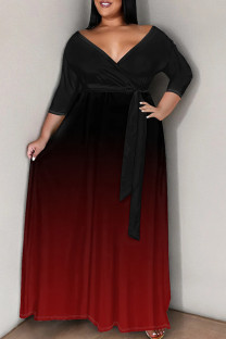 Black Red Casual Gradient Color Patchwork Strap Design V Neck Long Plus Size Dresses