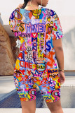 Colour Casual Street Graffiti Print Contrast O Neck Short Sleeve Two Pieces