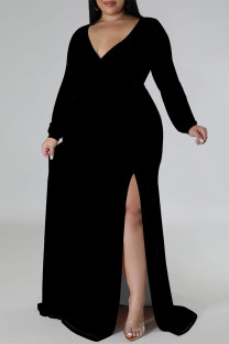 Black Sexy Daily Solid Color Lace Up Slit V Neck Long Sleeve Plus Size Dresses