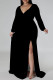 Black Sexy Daily Solid Color Lace Up Slit V Neck Long Sleeve Plus Size Dresses