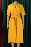 Yellow Celebrities Solid Color Buckle Patchwork Strap Design Turndown Collar A Line Dresses