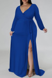 Dark Green Sexy Daily Solid Color Lace Up Slit V Neck Long Sleeve Plus Size Dresses