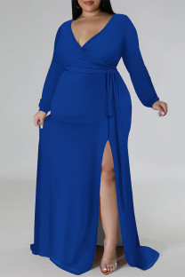 Blue Sexy Daily Solid Color Lace Up Slit V Neck Long Sleeve Plus Size Dresses