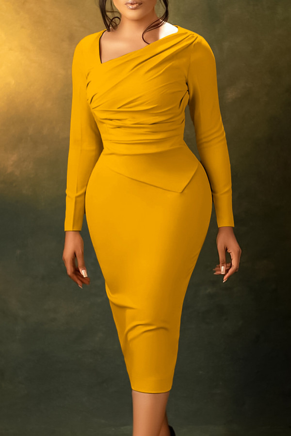 Yellow Celebrities Solid Color Patchwork Ruched Asymmetrical Collar Wrapped Skirt Dresses