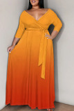 Gray Orange Casual Gradient Color Patchwork Strap Design V Neck Long Plus Size Dresses