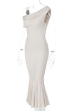 Apricot Celebrities Patchwork Backless Strap Design Oblique Collar Long Dresses
