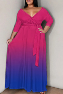 Rose Red Blue Casual Gradient Color Patchwork Strap Design V Neck Long Plus Size Dresses