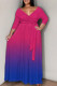 Rose Red Blue Casual Gradient Color Patchwork Strap Design V Neck Long Plus Size Dresses