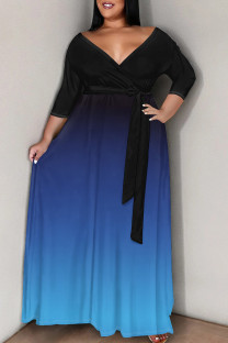 Blue Black Casual Gradient Color Patchwork Strap Design V Neck Long Plus Size Dresses