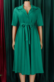 Yellow Celebrities Solid Color Buckle Patchwork Strap Design Turndown Collar A Line Dresses