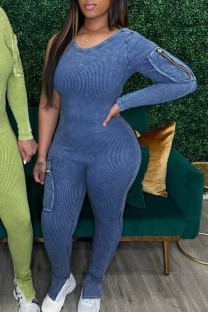 Blue Casual Solid Color Pocket Patchwork Slit Zipper O Neck Skinny Jumpsuits