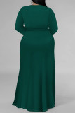 Dark Green Sexy Daily Solid Color Lace Up Slit V Neck Long Sleeve Plus Size Dresses