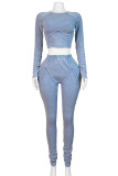 Light Blue Casual Solid Color Patchwork O Neck Long Sleeve Two Pieces