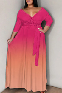 Rose Red Casual Gradient Color Patchwork Strap Design V Neck Long Plus Size Dresses