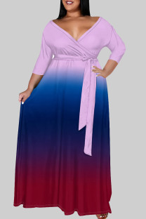Powder Blue Casual Gradient Color Patchwork Strap Design V Neck Long Plus Size Dresses