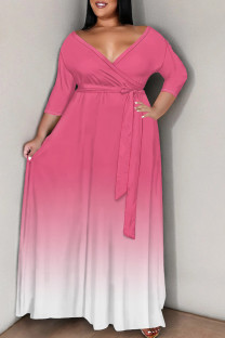 Powder White Casual Gradient Color Patchwork Strap Design V Neck Long Plus Size Dresses