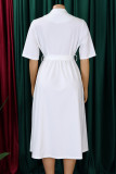 Yellow Celebrities Solid Color Buckle Patchwork Strap Design Turndown Collar A Line Dresses