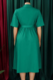 Yellow Celebrities Solid Color Buckle Patchwork Strap Design Turndown Collar A Line Dresses