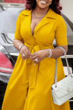 Yellow Celebrities Solid Color Buckle Patchwork Strap Design Turndown Collar A Line Dresses