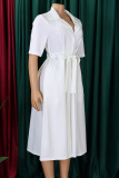 Yellow Celebrities Solid Color Buckle Patchwork Strap Design Turndown Collar A Line Dresses