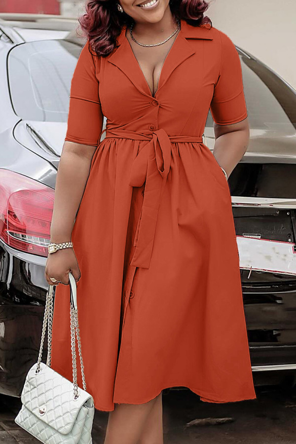 Brown Celebrities Solid Color Buckle Patchwork Strap Design Turndown Collar A Line Dresses
