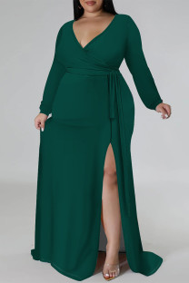 Dark Green Sexy Daily Solid Color Lace Up Slit V Neck Long Sleeve Plus Size Dresses