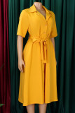 Yellow Celebrities Solid Color Buckle Patchwork Strap Design Turndown Collar A Line Dresses