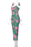 Green Celebrities Print Patchwork Backless Spaghetti Strap Sling Dresses