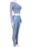 Light Blue Casual Solid Color Patchwork O Neck Long Sleeve Two Pieces