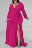 Dark Green Sexy Daily Solid Color Lace Up Slit V Neck Long Sleeve Plus Size Dresses