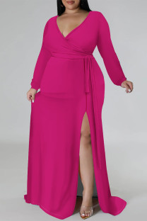 Rose Red Sexy Daily Solid Color Lace Up Slit V Neck Long Sleeve Plus Size Dresses