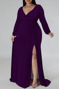 Purple Sexy Daily Solid Color Lace Up Slit V Neck Long Sleeve Plus Size Dresses