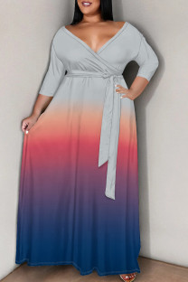 Gray Orange Casual Gradient Color Patchwork Strap Design V Neck Long Plus Size Dresses