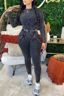 Black Casual Solid Color Patchwork O Neck Long Sleeve Two Pieces