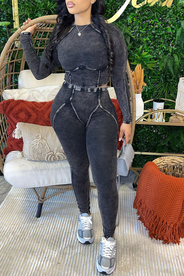Black Casual Solid Color Patchwork O Neck Long Sleeve Two Pieces