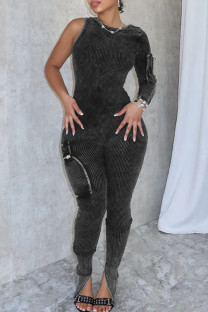 Black Casual Solid Color Pocket Patchwork Slit Zipper O Neck Skinny Jumpsuits