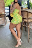 Fluorescent Green Sexy Print Backless Strapless Wrapped Skirt Dresses