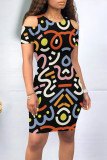 Colour Casual Geometric Print Graffiti Print Contrast O Neck Printed Dresses