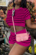 Rose Red Casual Striped Patchwork O Neck Short Sleeve Two Pieces
