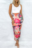 Turquoise Casual Floral Print Slit Skinny High Waist Conventional Full Print Skirts